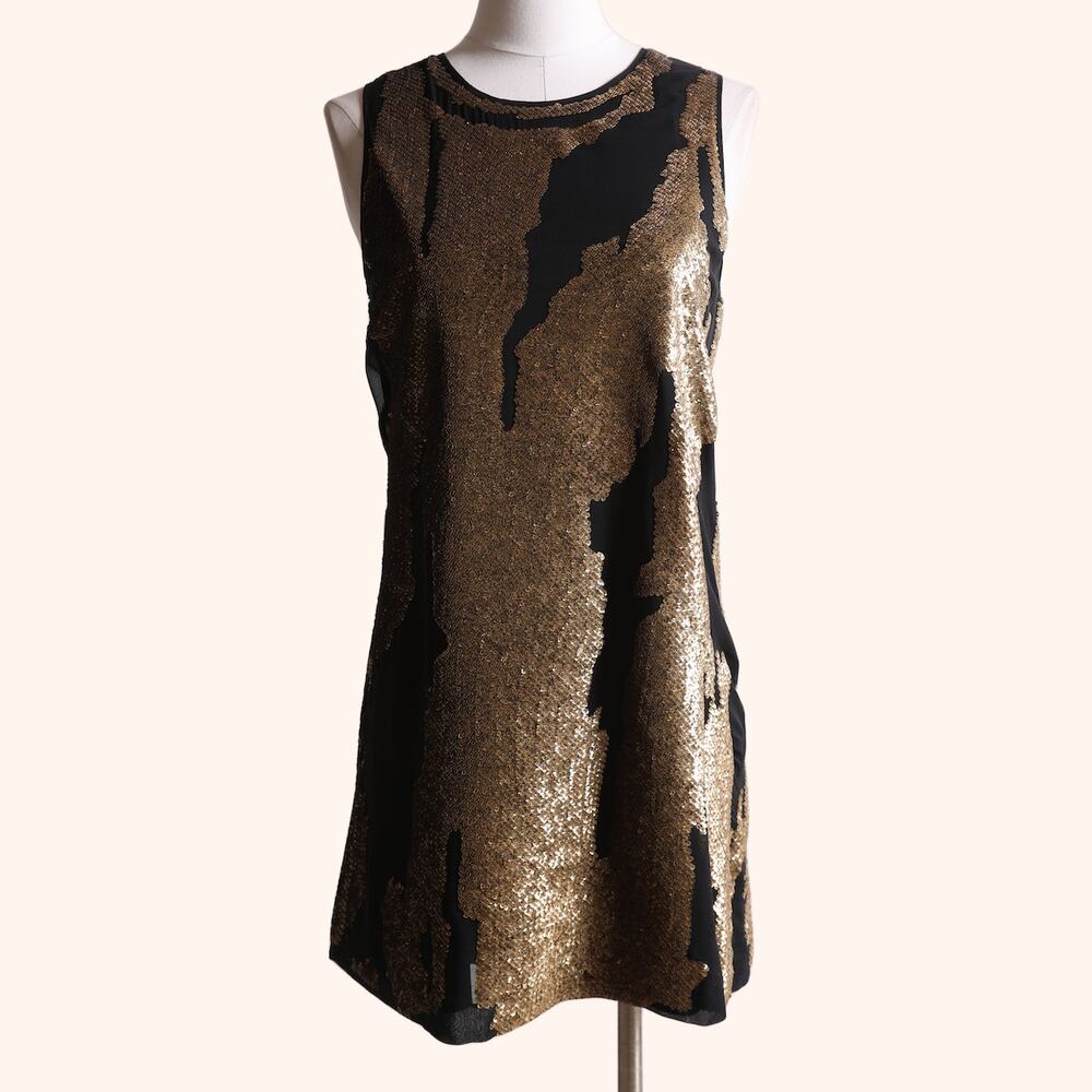 ROBERT RODRIGUEZ Black and Gold Sequin Sleeveless Mini Shift Dress